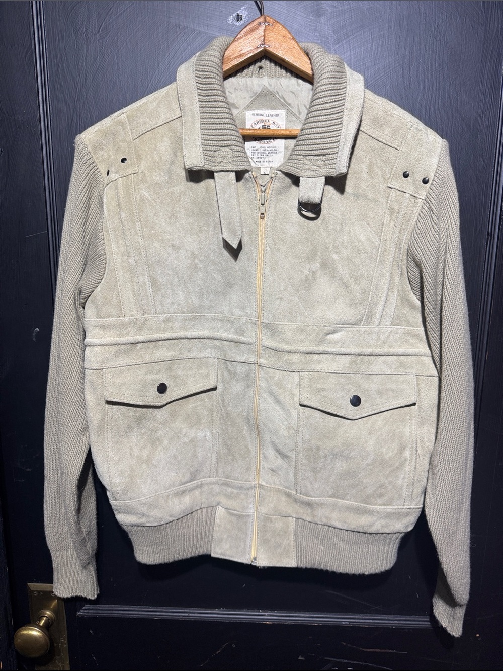Suede Knit-Panel Bomber Jacket in Light Olive